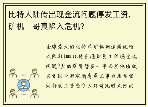 比特大陆传出现金流问题停发工资，矿机一哥真陷入危机？